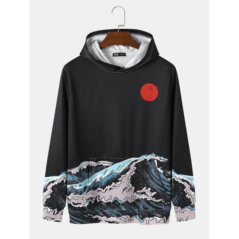Streetwear Hoodies Mens Sun Waves Landscape Print Japanese Style Daily Pullover Hoodie With Kangaroo Pocket