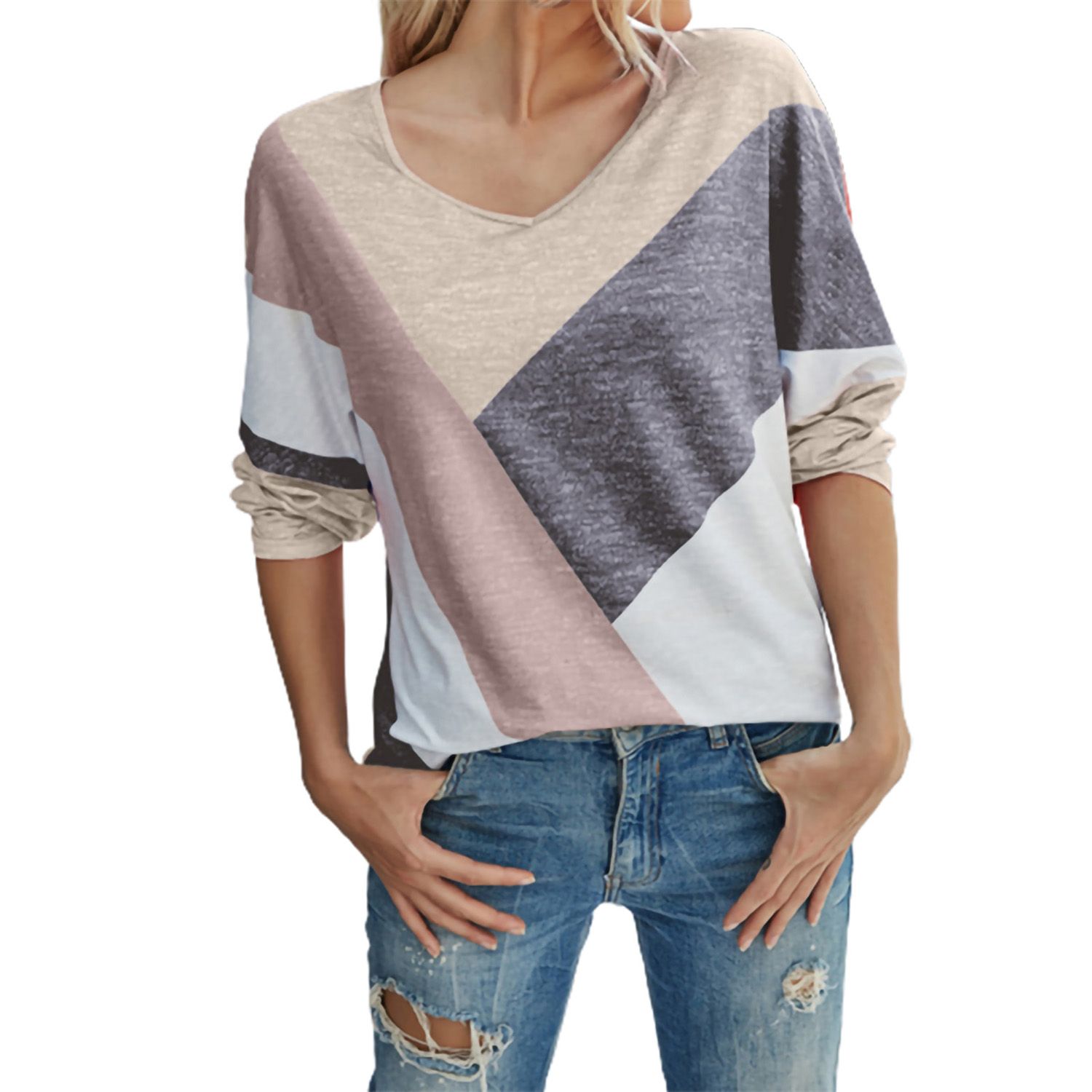Women Blouse Stripes Print Crew Neck Color Block Print T-shirt