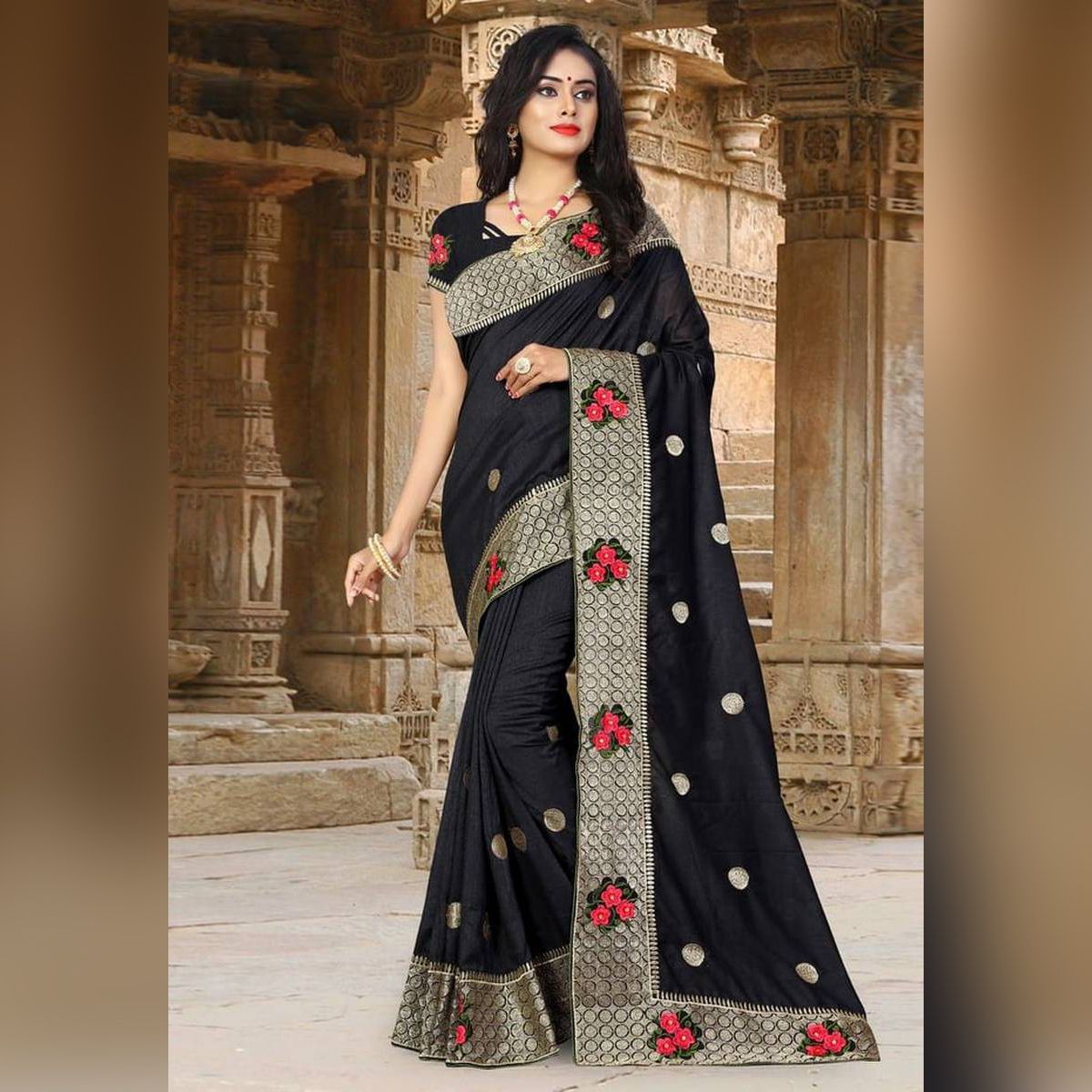 Indian Weightless Cinigora Black Colore Saree High Quality Embroidery Work On Blouse