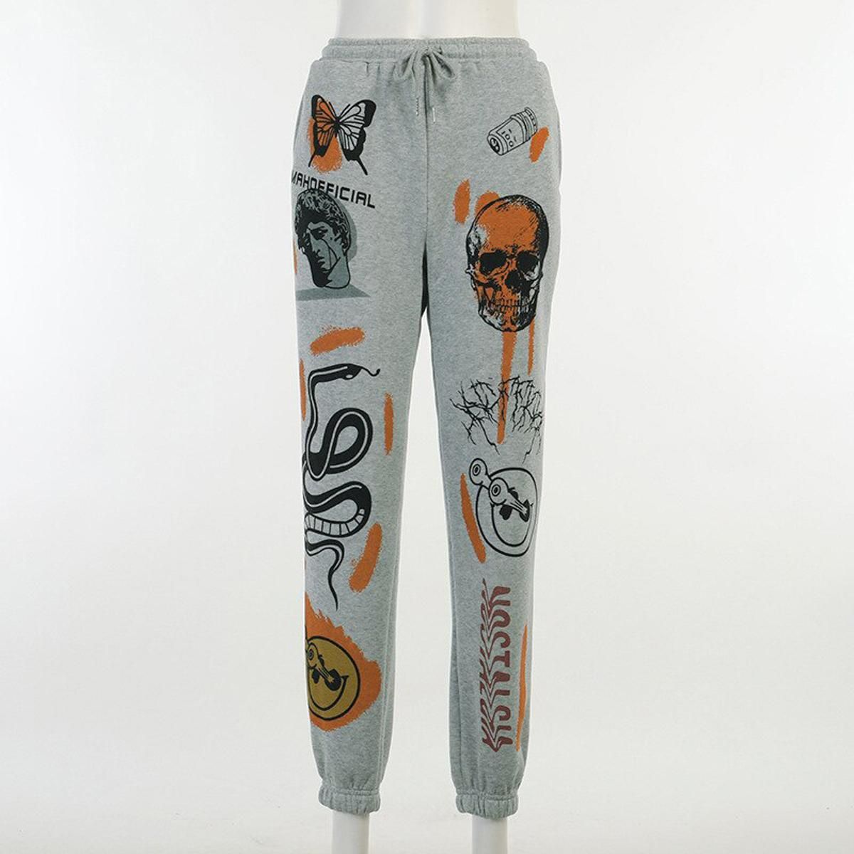 Joggers for Women Long Trouser Vintage Streetwear Drawstring Cargo Pant Streetwear Skull Print Cartoon Pants Jeans