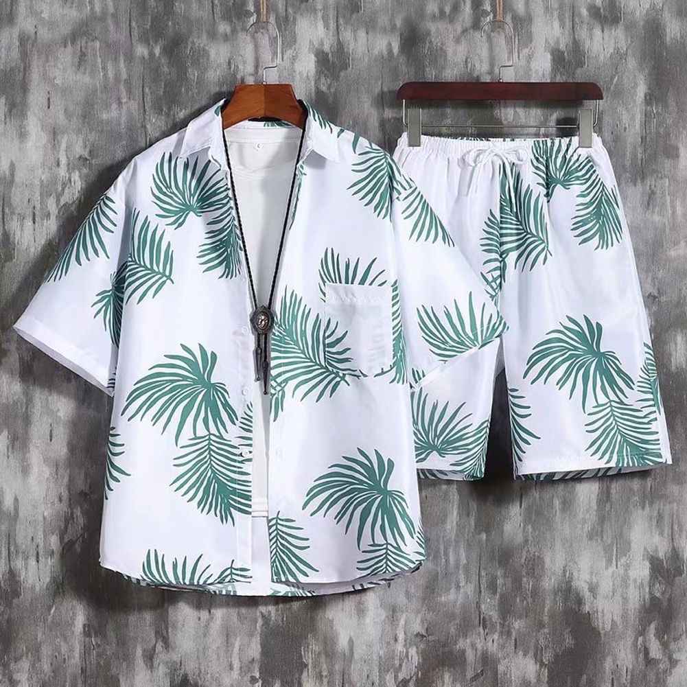 2 Pcs/set Men Casual Suit Hawaiian Style Beach Flower Print Short-sleeved Shirt Shorts Suit color