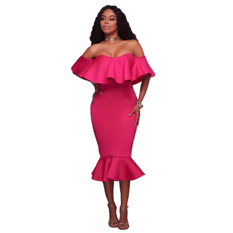 Women Party Mermaid Midi Dress Elegant Back Ruffles Sexy Off Shoulder Gown Party Dress