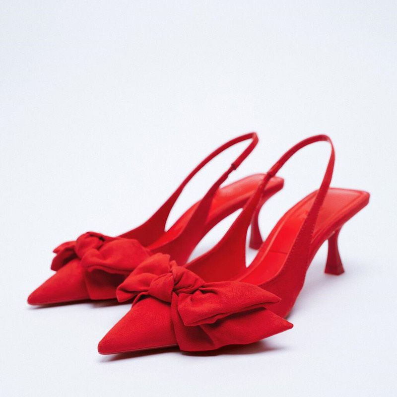 Women Shoes Red Bow High Heels Woman Slingback Sandals Elegant Party Pumps Pointed Toe Stiletto Shoes