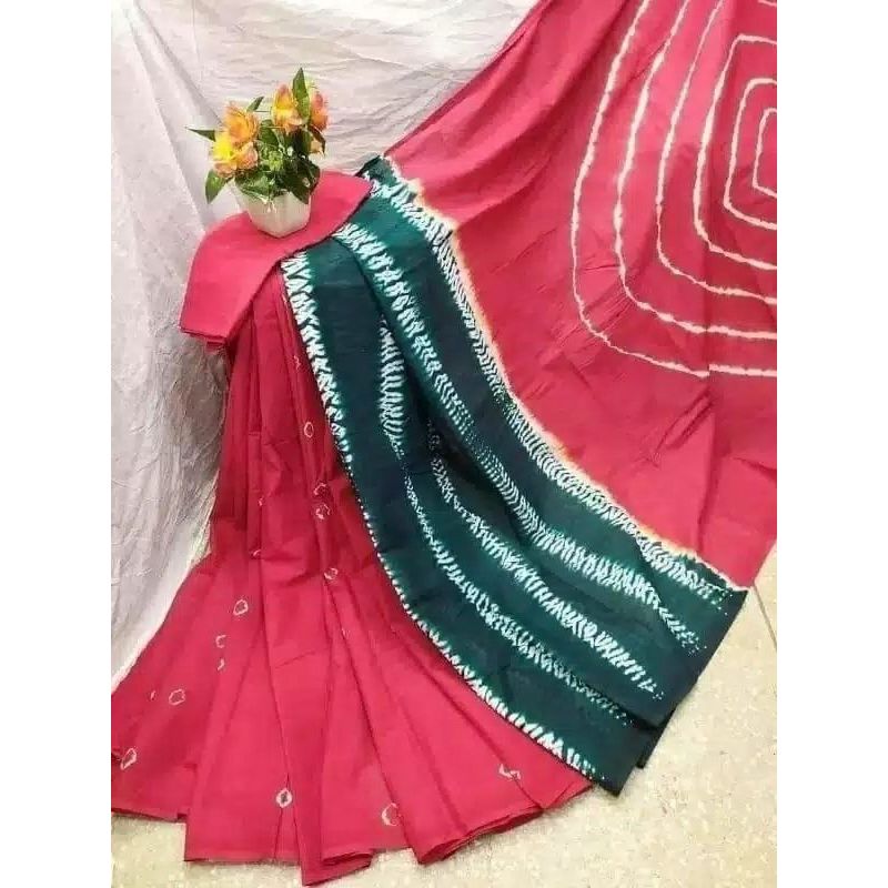Multicolor 12 Hand Long Cotton Batik sharee for Women with Blouse Piece