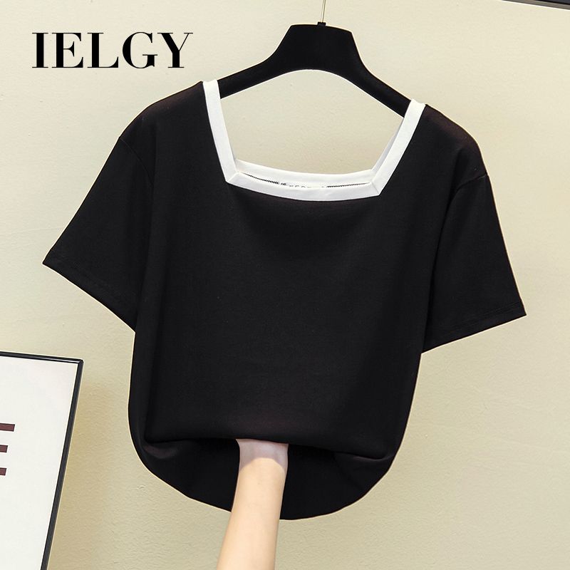 IELGY plus size women's fat sister western style square neck short-sleeved T-shirt loose slimming top bottoming shirt