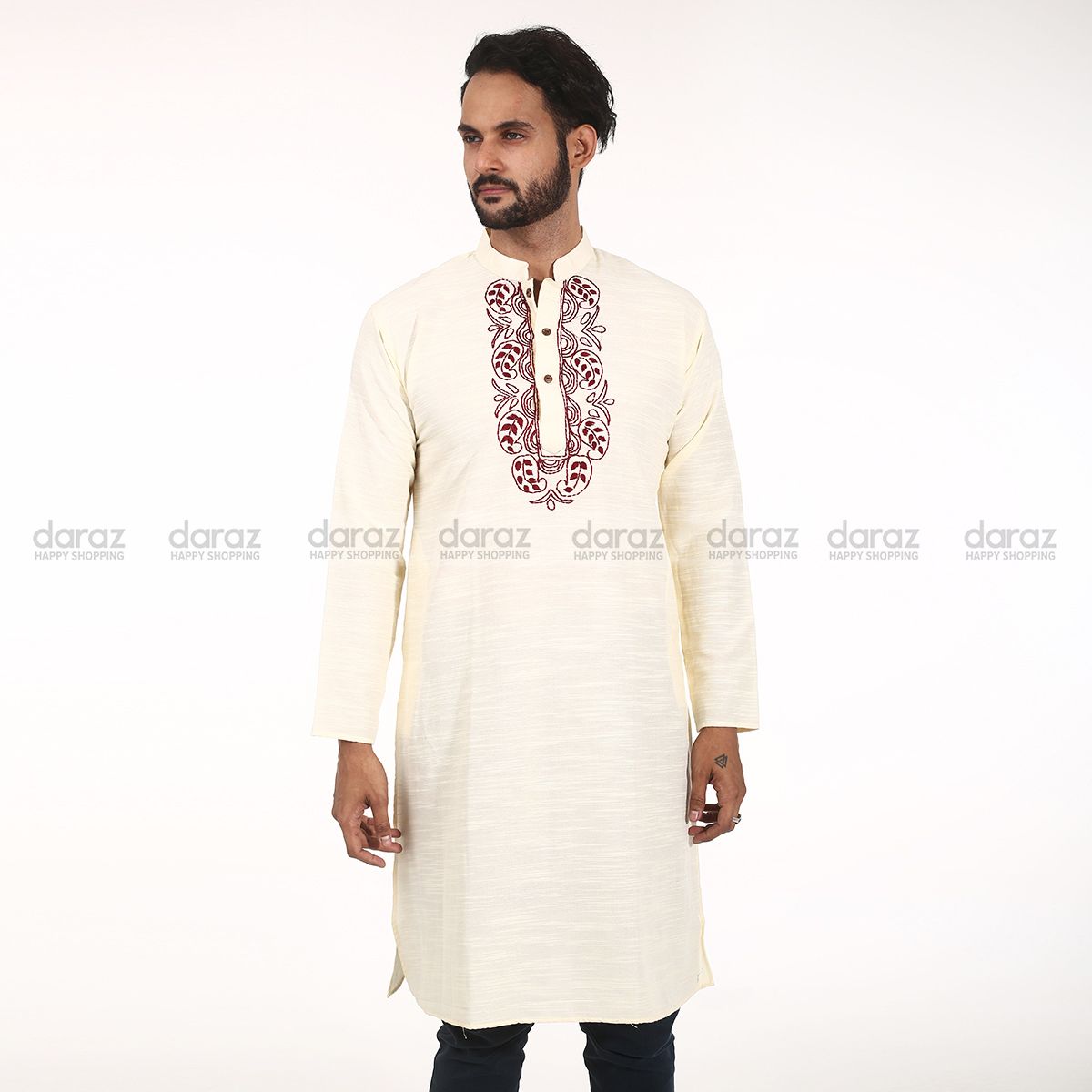Comilla Khadi Panjabi with hand work design - Cream color