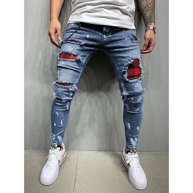 Men’ s Ripped Jeans, Boys High Waist Trousers Close-Fitting Pants for Spring Fall, Black/Blue/Gray, S/M/L/XL/XXL/XXXL