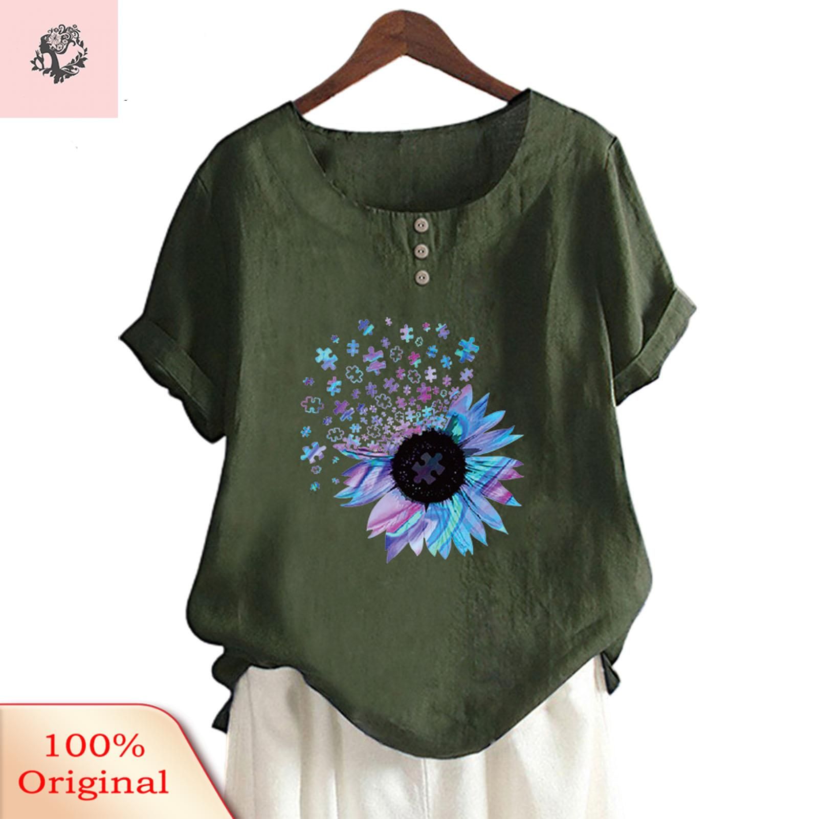 Sunnyheart Women T-shirt Short Sleeve Anti-deform Floral Pattern Women Blouse