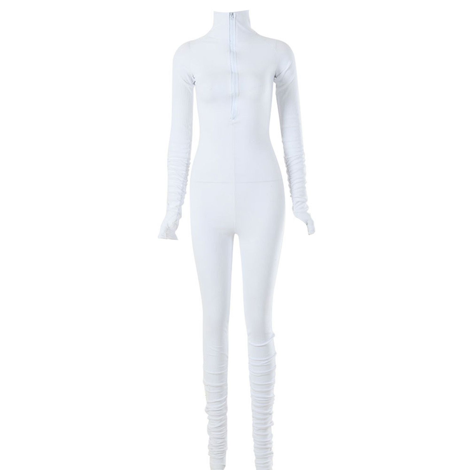 Women Solid Color Zipper Jumpsuits, V Neck Long Sleeve One-piece Long Rompers Casual Active Wear