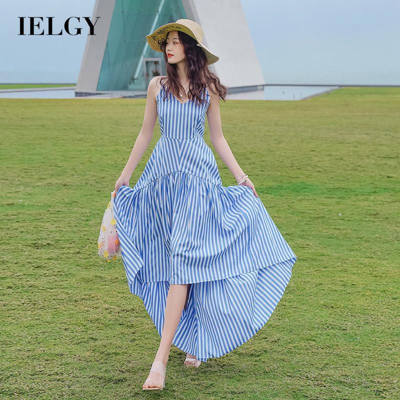 IELGY Stripes Women's dress Irregular Print Slim Open back Suspenders V-neck Fashion Sleeveless