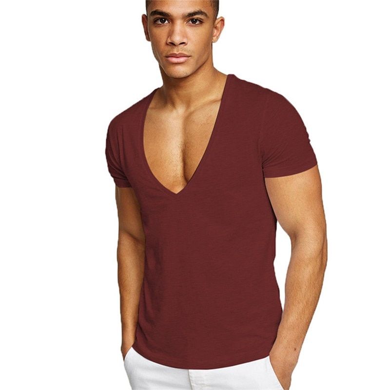 Summer T-Shirts For Men Deep V Neck Short Sleeve Tshirts Streetwear Casual Solid Slim Cotton Tees Gym Fitness Boxing Tops