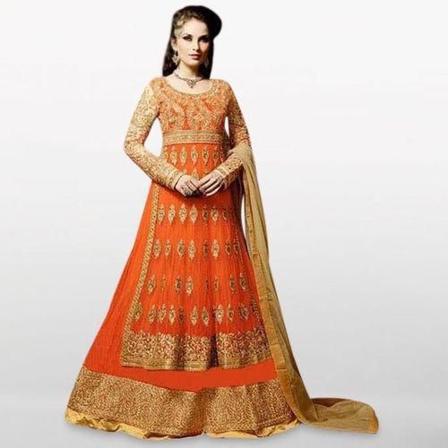 Unstitched Orange and Golden Georgette Gown for Women