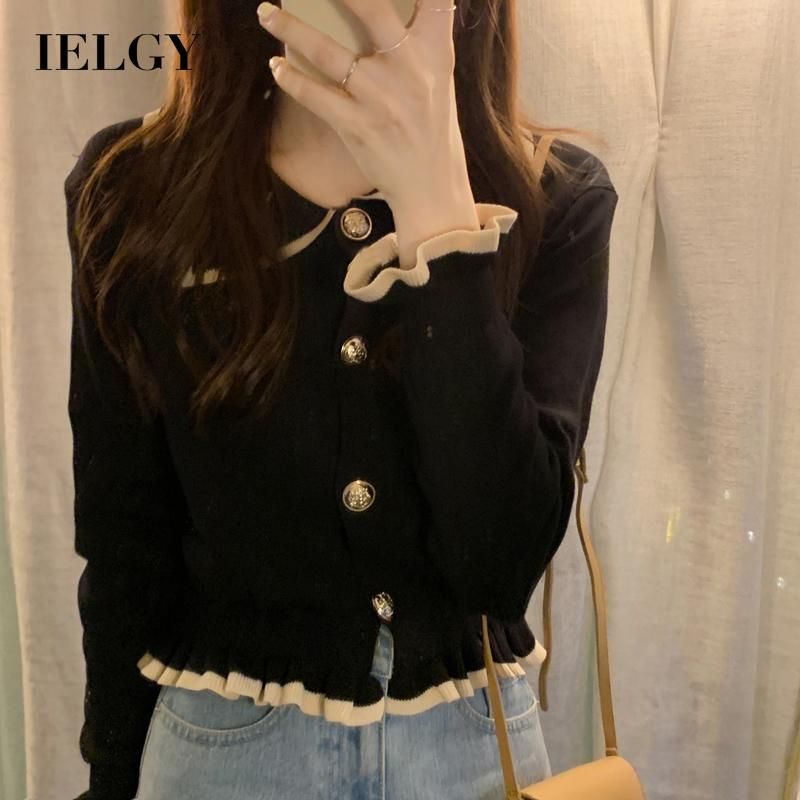 IELGY Sweater Women's clothes Inner wear Short Knitted Small French style Long sleeves Slim fit Black