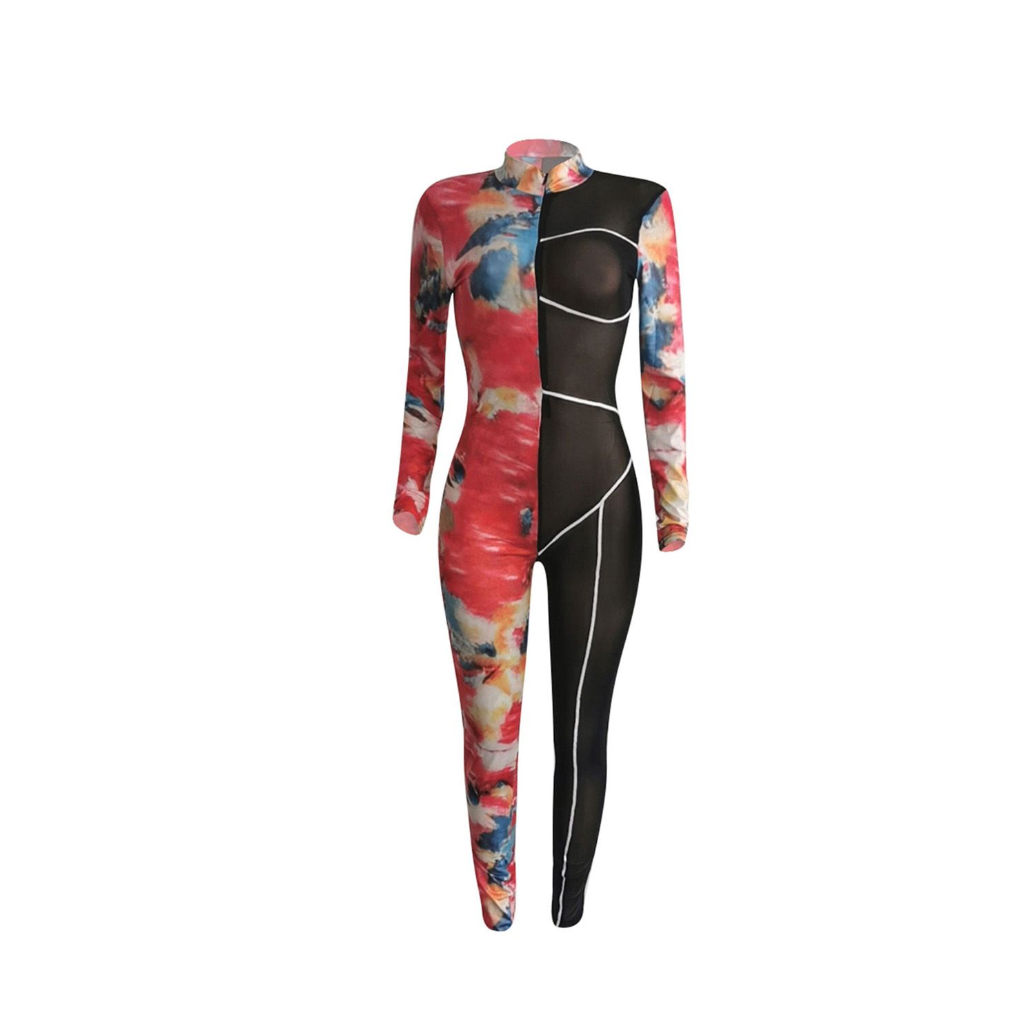 2020 Women's Clothing Set, fashion Print Mesh Long Sleeve Stitching Jumpsuit One-piece Suit for Vacation Tra