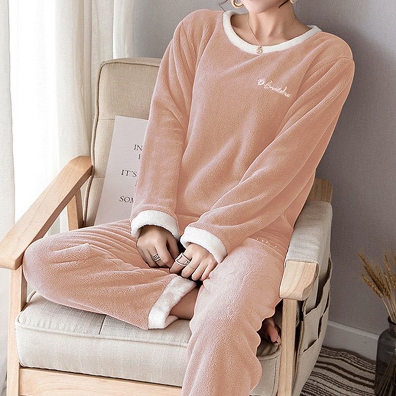 Pajamas For Women Set Thick Warm Coral Fleece Homewear Winter Lounge Women's Sleepwear Soft Loose Solid Color Nightown Casual