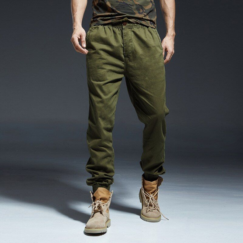 Ankle Length Jogging Pants Men Denim Cotton Pockets Elastic Waist Cargo Pants Men Winter Thick Tactical Pants
