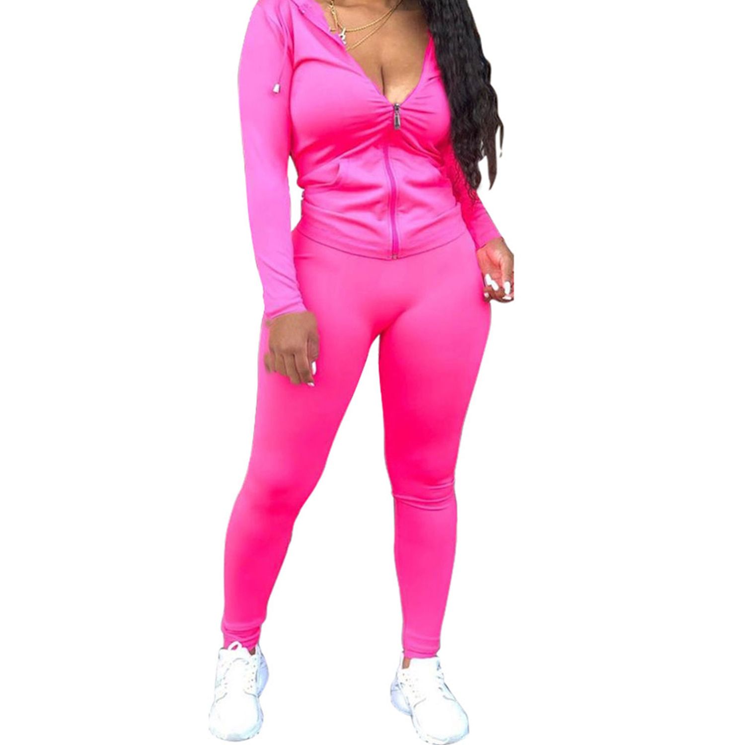 2021 Women Sports Two-piece Clothes Outfit, Solid Color Zipper Hooded Top + Long Pants, Orange/ Black/ Bl