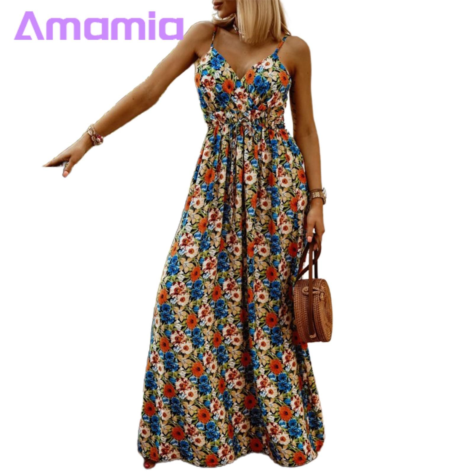 Amamia Maxi Dress High Waist V Neck Boho Tropical Summer Maxi Dress