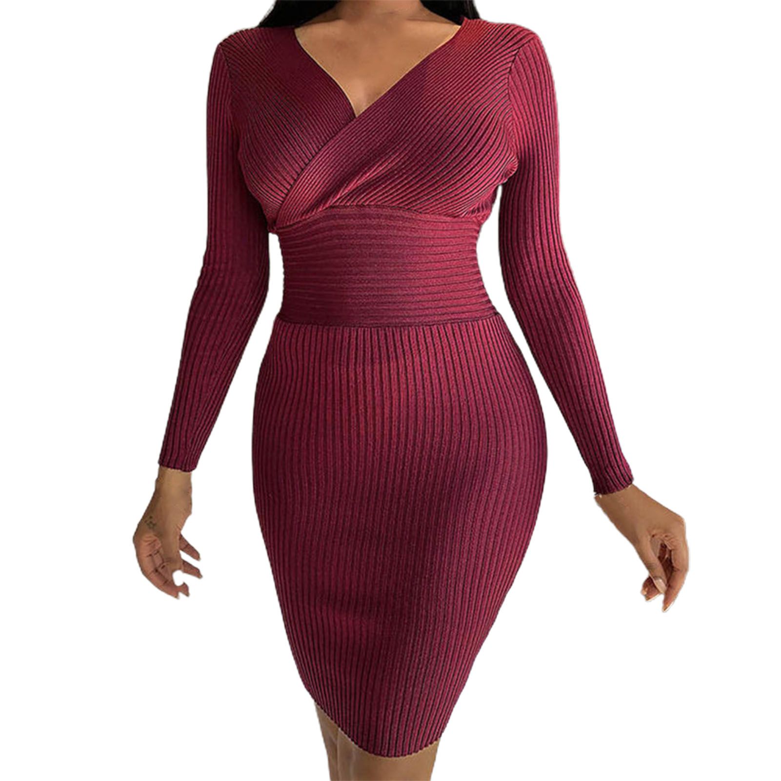 Office Lady Dress Long Sleeve Solid Color V Neck Dress