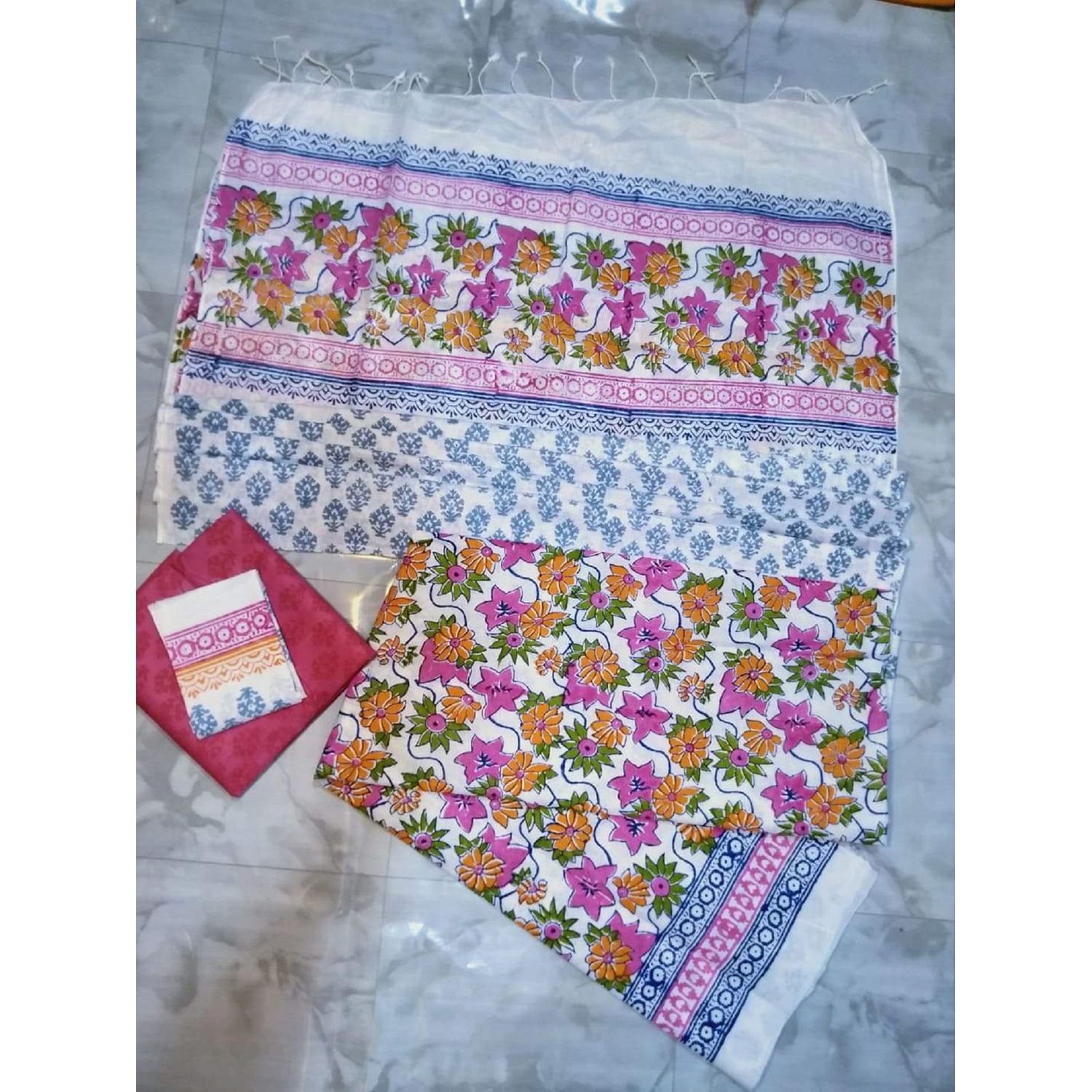 Block Printed 3pcs for Women  Pure Cotton  Salwar, Kameez, Dupatta with Hatar Extra Kapor  Labonis Collection