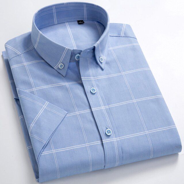 Men's 100% Cotton Plaid Striped Short Sleeve Shirt Single Patch Pocket Button-down Holiday Youthful Casual Checkered Thin Shirts