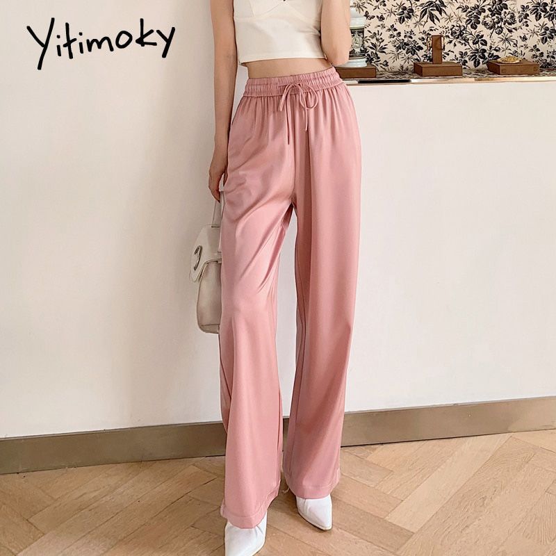 Satin Silk Pants Women Wide Leg Loose Drawstring Office White Pants Plus Size Black Elastic High Waist Trousers