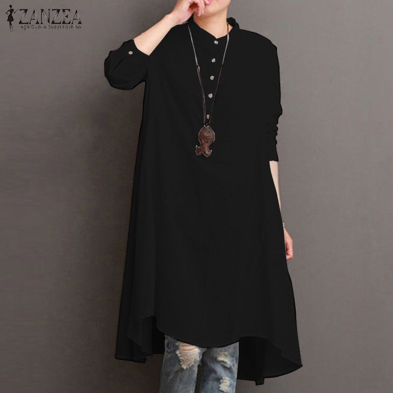 Fashion Cotton Linen Kaftan Round Neck Long Sleeve Mid-Calf Dress Buttons Asymmetric Hem Solid Baggy Loose Retro Vestido