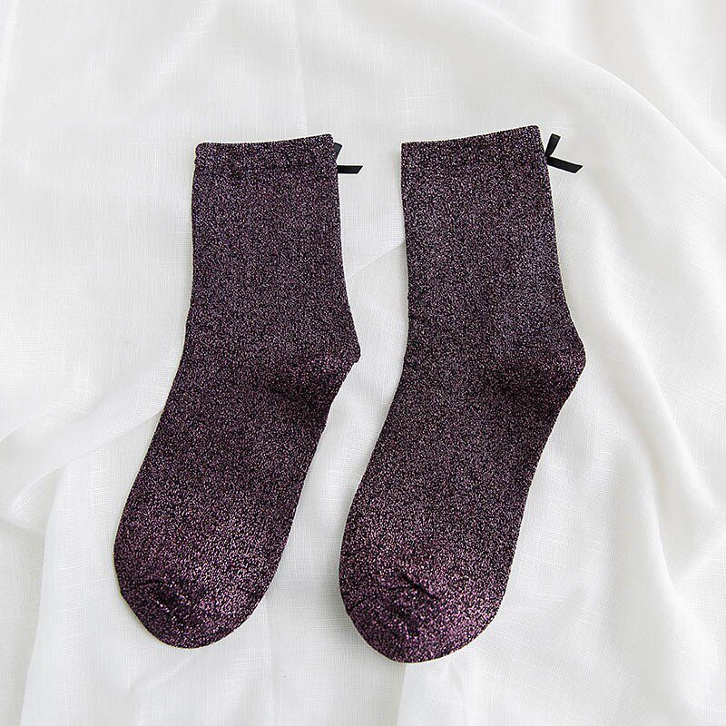[COSPLACOOL]Bowknot Shiny Silver Sweet Socks Harajuku Japan Cotton Heap Heap Socks Women Creative Shining Sokken Calcetines