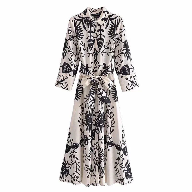 Za Green Long Dress Women Summer Fashion Print Shirt Dress Woman Belt Button Up Midi Dresses Vintage Casual Dresses