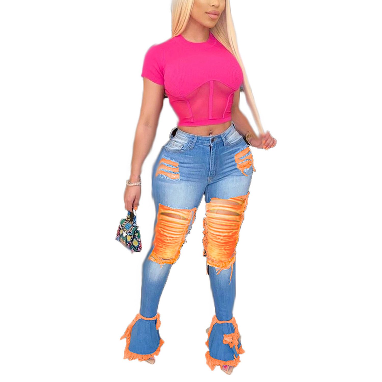 Women’s Korean Slim Fit Jeans Fashion Color Contrast Tassel Ripped High-waist Ruffles Denim Pants