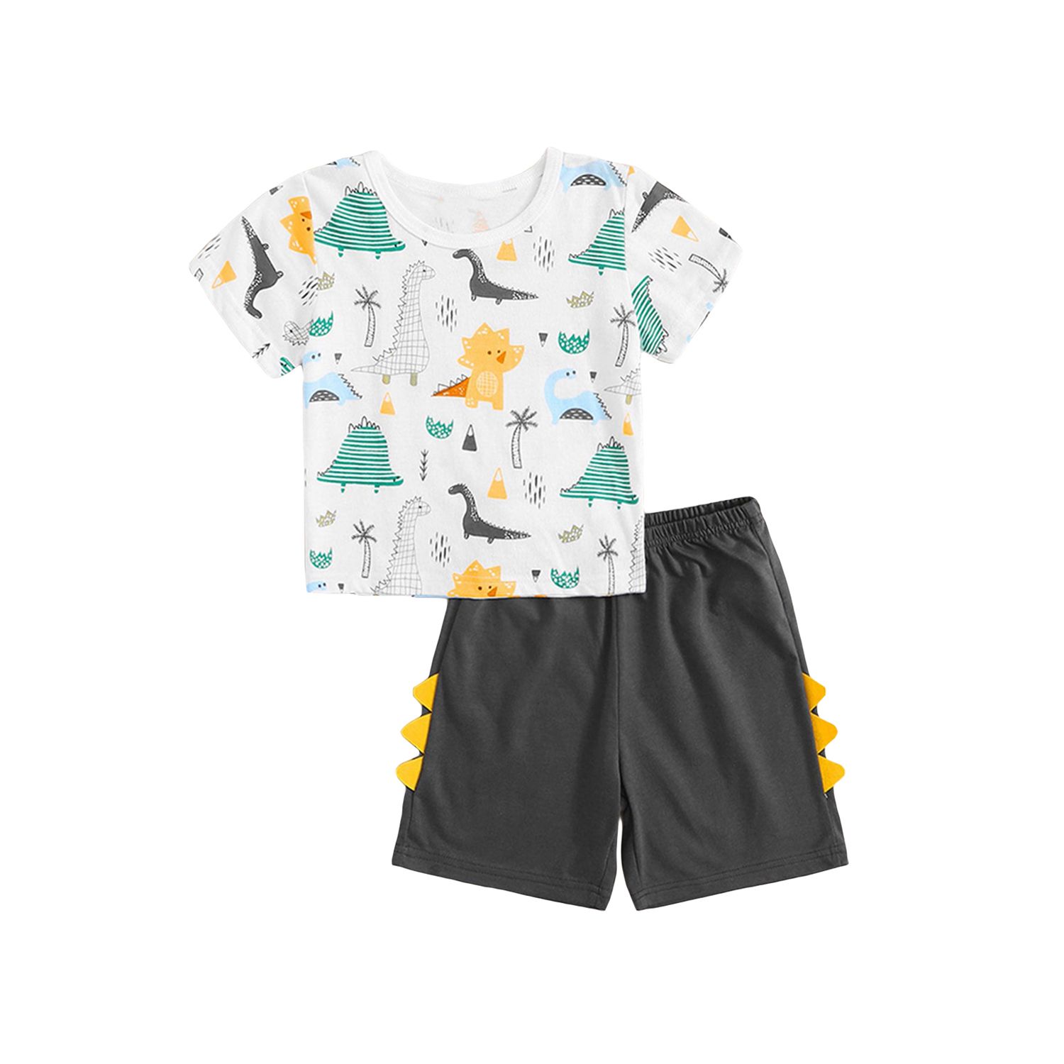 2Pcs Children Summer Tracksuits, Cartoon Dinosaur Print O-Neck Short Sleeves T-Shirt + Elastic Waist Shorts for Boys, 2-7 Years