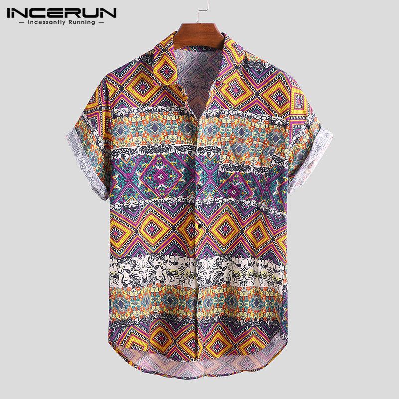 INCERUN Men Hawaiian Shirt Short Sleeve Ethnic Print Casual Blouse Loose Vintage Beach Shirt Men Camisa Masculina Plus Size 2021