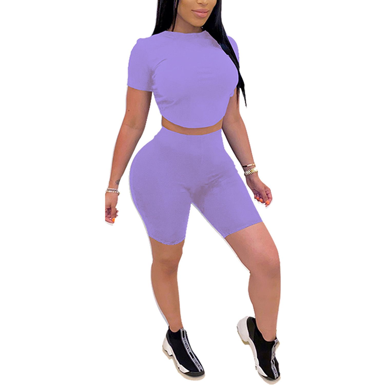 2021 Women 2 Pcs Casual Outfits Sets, Open Back Short Sleeve Crop Tops + Tight High Waist Short Pants