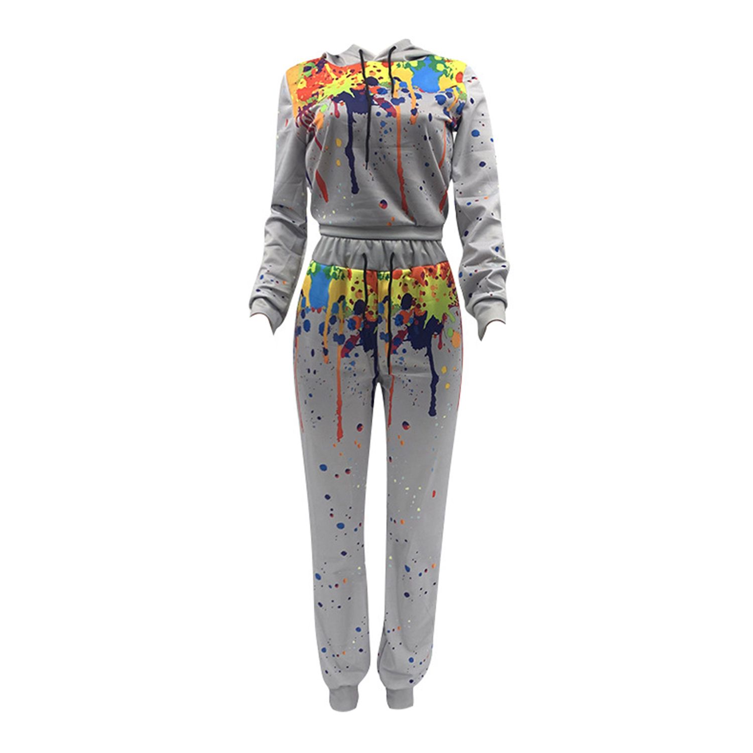 Women's Two Piece Set, Drawstring Splash Ink Hoodie Long Sleeves Pullover Trousers for Female