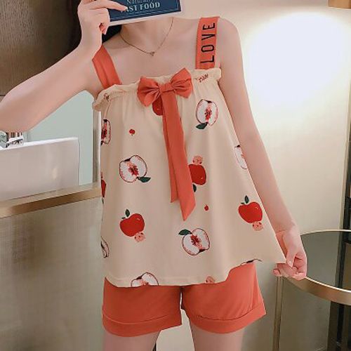 Young Girl Summer Sleepwear Shirt  Sling Shorts Dee Sexy Pajama Set Cute Women's Home Wear Print Pyjamas Young Girl Set