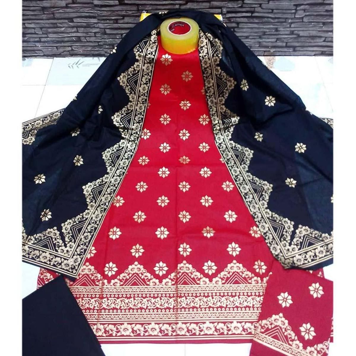 Unstitched Creamson and Navy Blue Cotton Hand Printed Salwar Kameez for Women