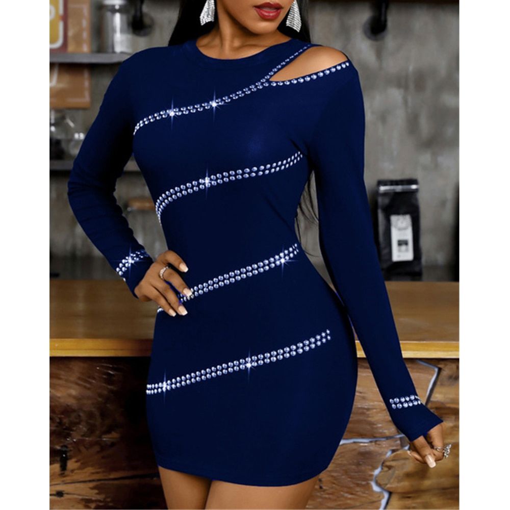 Ladies Dress  Shoulder Hollow Rivet Long Skinny Mini Dress Dresses for Women   Dress  Birthday Dress for Women