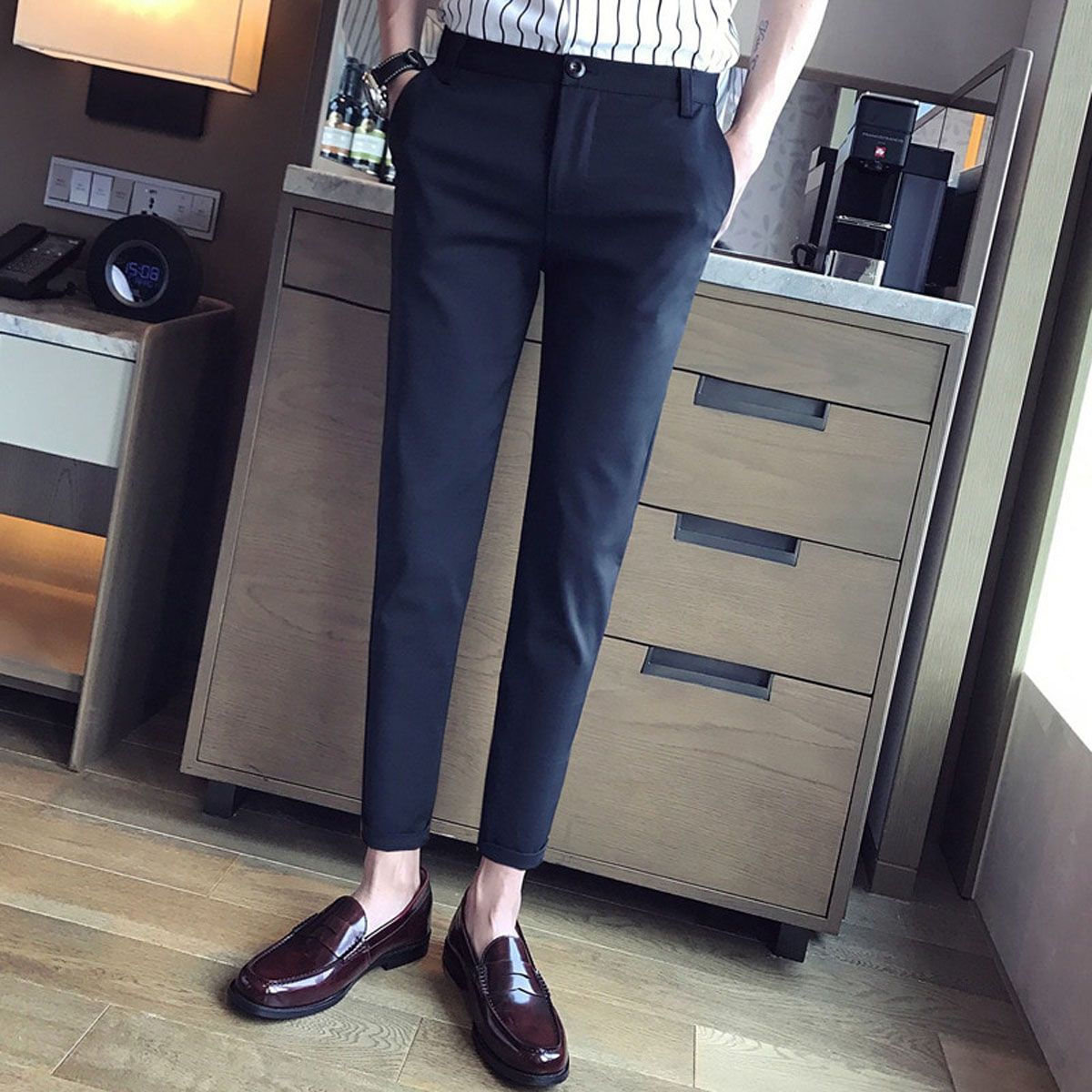 Casual White Mens Pants Nine-point Trousers Feet Slim Breathable Comfortable High Quality Male Brand Business Pants