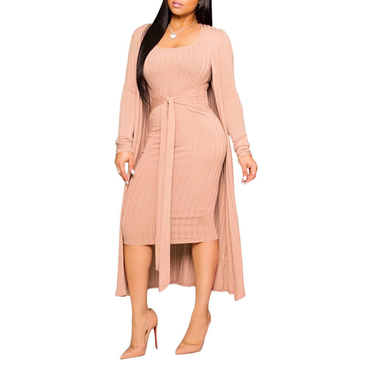 2021 2 Pcs Women Ribbed Outfits, Sleeveless U-shaped Neck Dress with Belt + Long Sleeve Coat