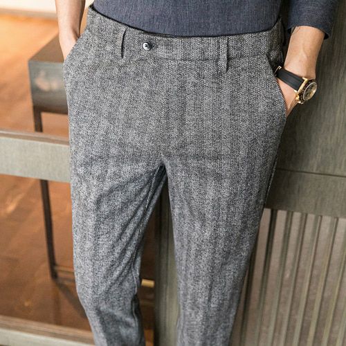 QJ CINGA New Grey Men's Woolen Pants Autumn/Winter Thick Trousers Men Slim Business Pantalones Hombre Fashion Slacks 28-36