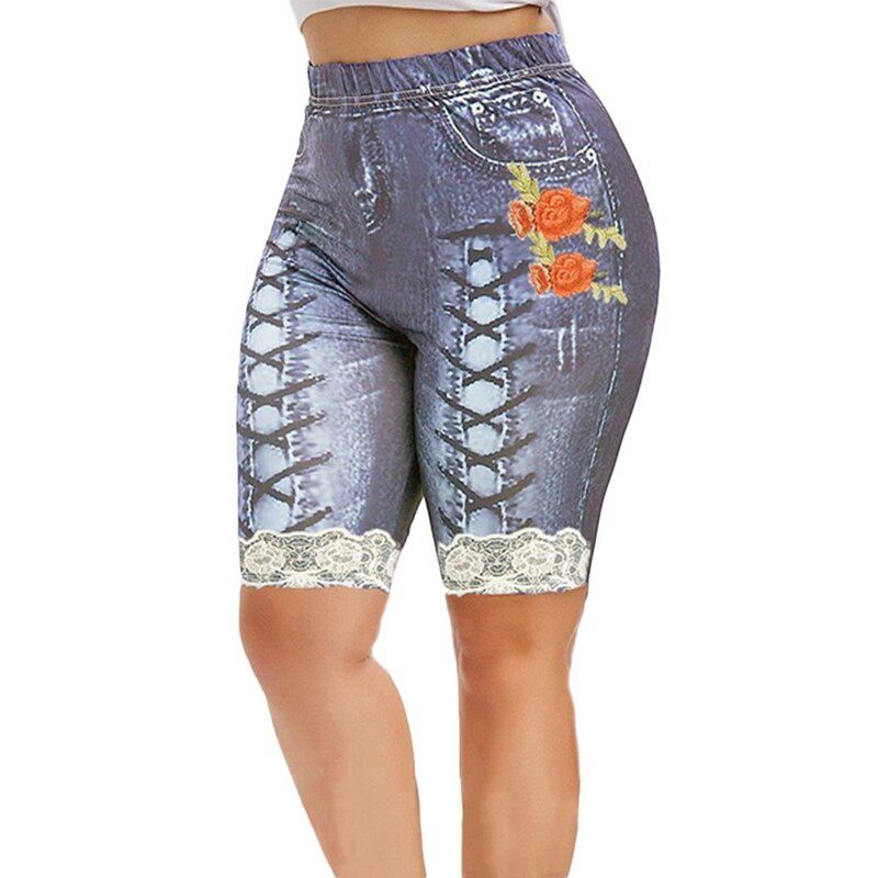 Denim Print Yoga Shorts Sports Fitness High Waist Butt Scrunch Leggings Workout Floral Lace Spliced Skinny Sport Shorts Dropship