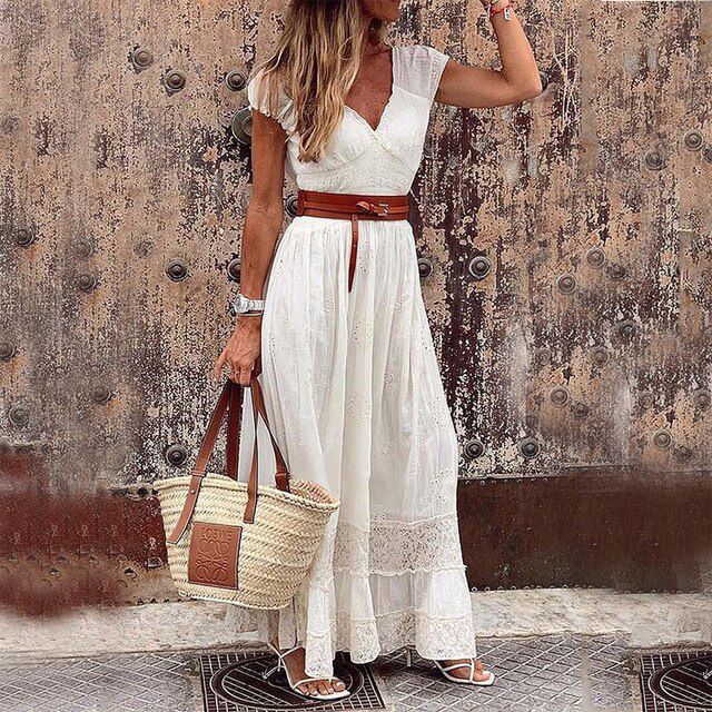 Summer Dress Women Vintage V Neck Belt Ladies Long Party Dress Female Solid Hollow Out Lace Loose Bohemian Maxi Dresses Vestidos