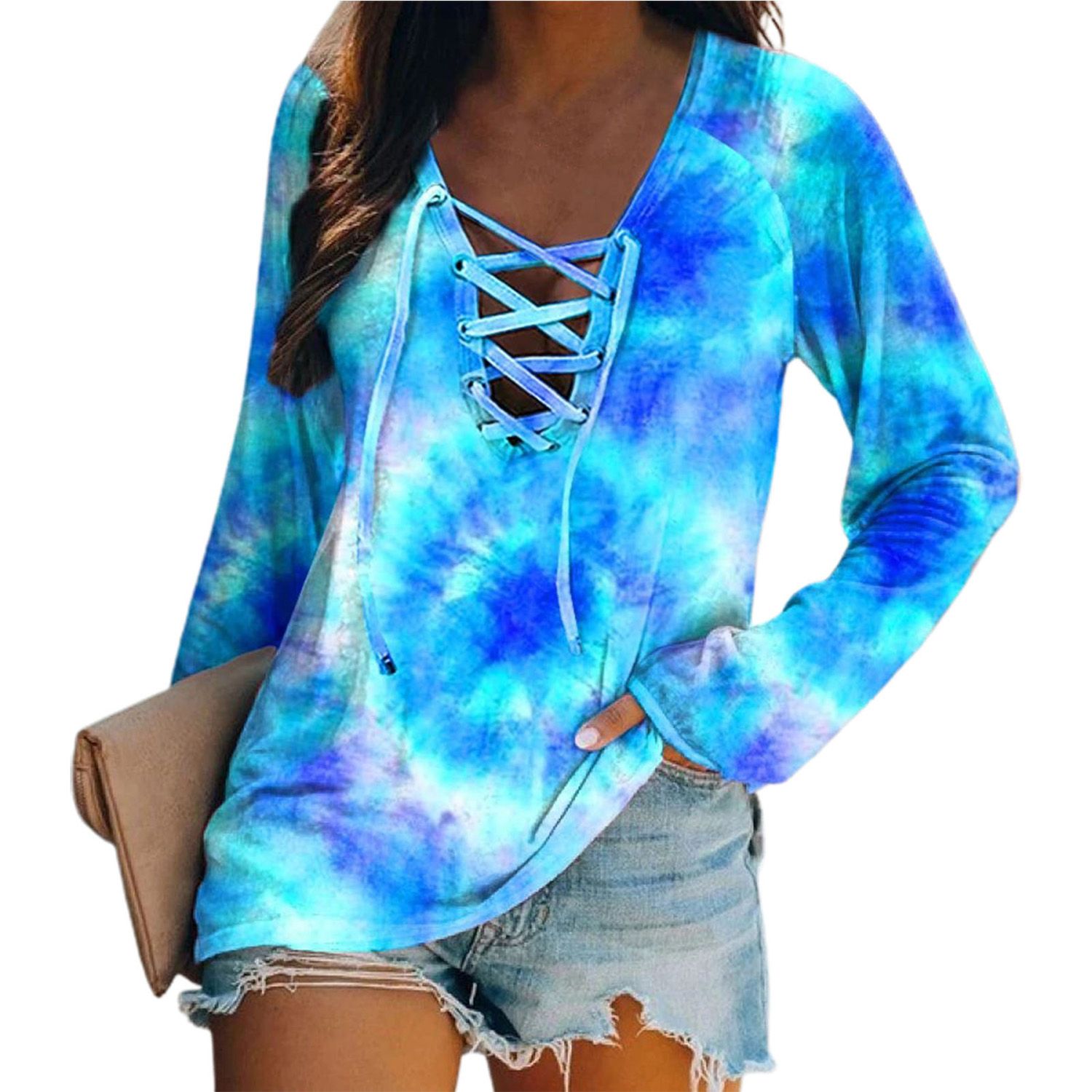 Pullover Top Star Print Front Bandage Strap Loose Tee Shirt