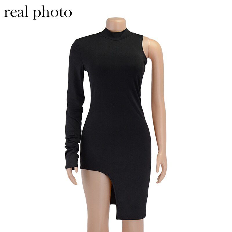 One Shoulder Long Sleeve Women Bodycon Party Dresses Side Slit Autumn Fashion Skinny Clubwear Mini Dress Solid Hot