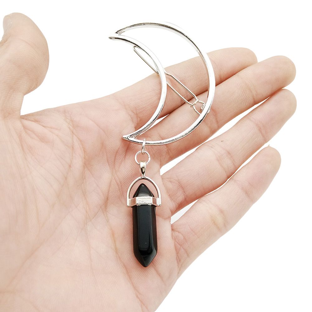 Women Vintage Hexagonal Column Pendant Moon Shape Hair Clip Hairpin Hair Decor