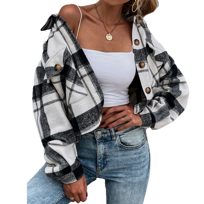 Ladies Autumn Winter Short Coat, Girls Leisure Style Temperament Lapel Plaid High Waist Long Sleeve Slim Single-breasted Outwear
