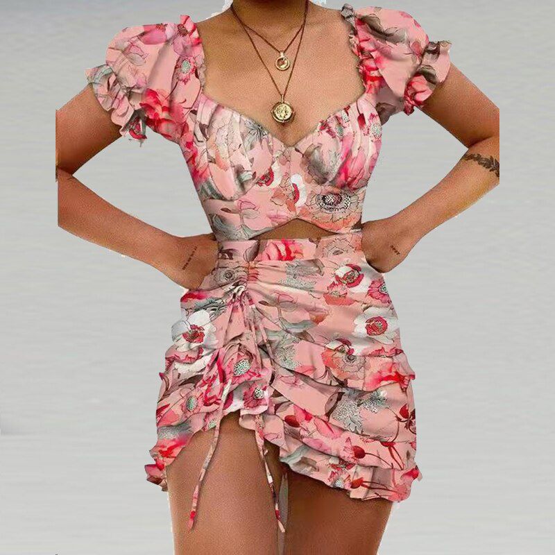 Elegant Ruffle Butterfly Sleeve Party Dress Summer Floral Print Hollow Out Beach DressWomen Sexy Deep V Tie-Up Mini Dress