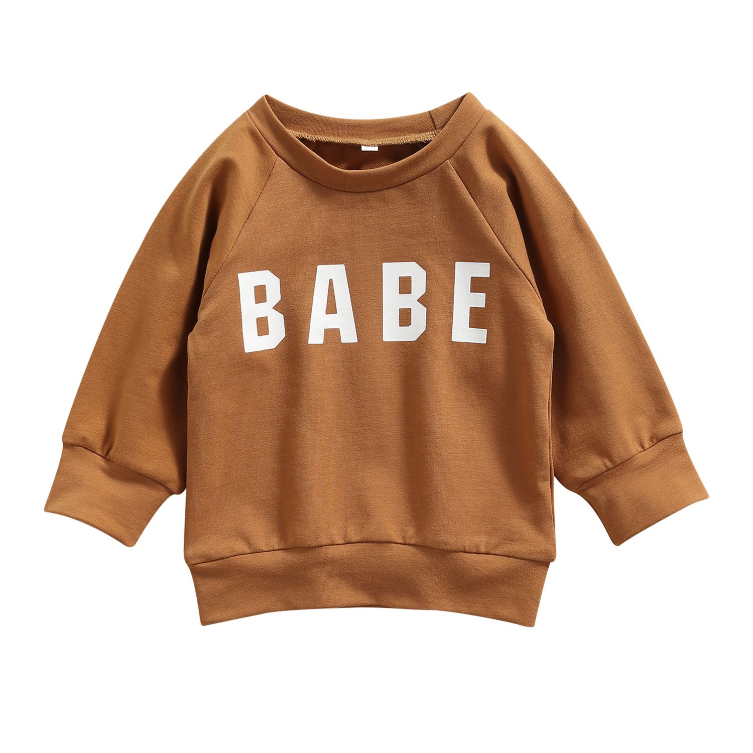 Kids Casual Pullover, Letters Printed Pattern Long Sleeve Round Collar Tops, Khaki/ Black