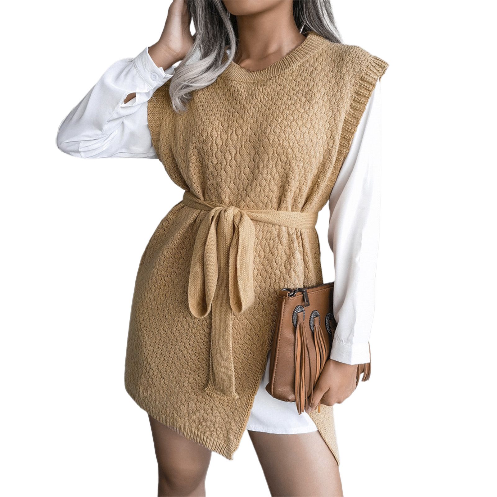 Dress Solid Color Slit Knitting Vest Dress
