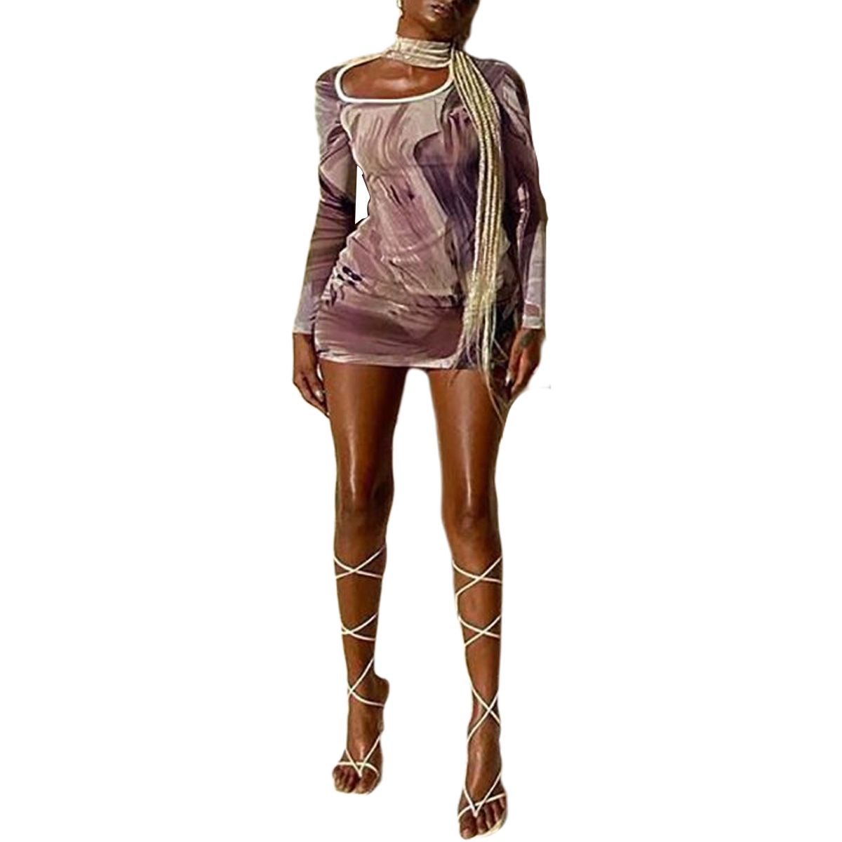 2021 Women Multi-color Long Sleeve Short Dress, fashion High Collar Bodycon Pencil One-Piece, Tight Top for